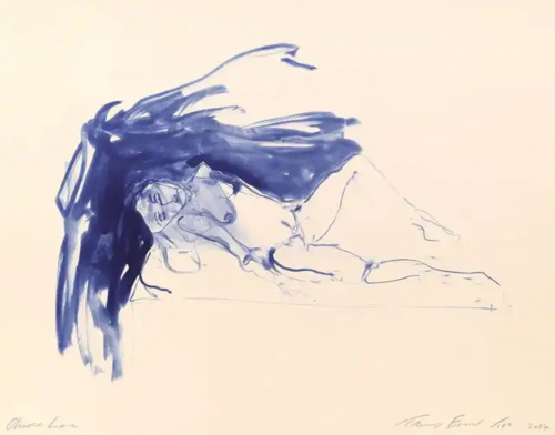 Tracey Emin Choose Love lithograph showing reclining nude with expressive blue brushstrokes on warm white paper.