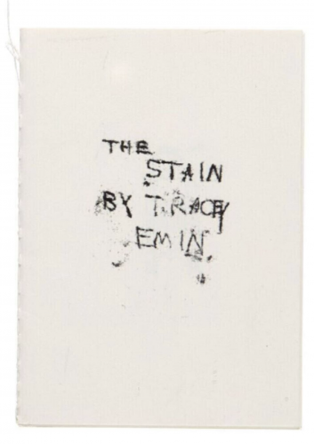 Tracey Emin The Stain hand-stitched booklet with stamped text and line drawings in black ink on small white folded paper