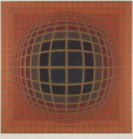 Victor Vasarely B-Bomb-b (1) screenprint with an orange grid swelling into a dark geometric sphere.