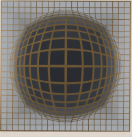 Victor Vasarely B-Bomb-b (2) screenprint with bronze grid expanding into a dark sphere on pale grey.