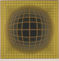 Victor Vasarely B-Bomb-b (3) color screenprint with a brown grid swelling into a dark sphere on yellow.