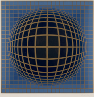 Victor Vasarely B-Bomb-b (4) color screenprint with bronze grid forming a dark blue sphere on blue.