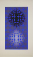 Victor Vasarely Untitled Dual Spheres screenprint with blue and violet circles forming two optical spheres.