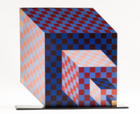 Victor Vasarely’s Felhoe, double-sided acrylic on wood sculpture with geometric cube illusions in contrasting color palettes.