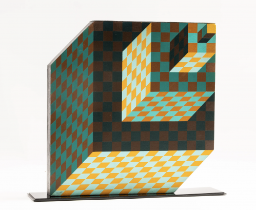 Victor Vasarely’s Felhoe, double-sided acrylic on wood sculpture with geometric cube illusions in contrasting color palettes.