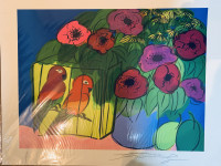 Walasse Ting's Conversation lithograph, red birds in yellow cage, vibrant flowers in pink, red, and purple, with blue vase.