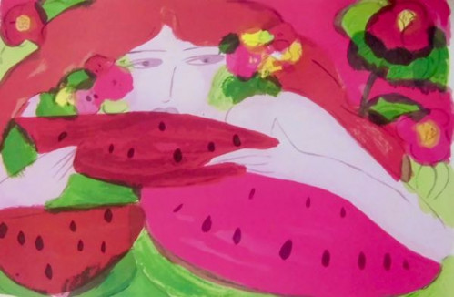 Walasse Ting, Untitled WT EP 17, 1985, lithograph of woman with watermelons and flowers in bold pink, red, and green tones.