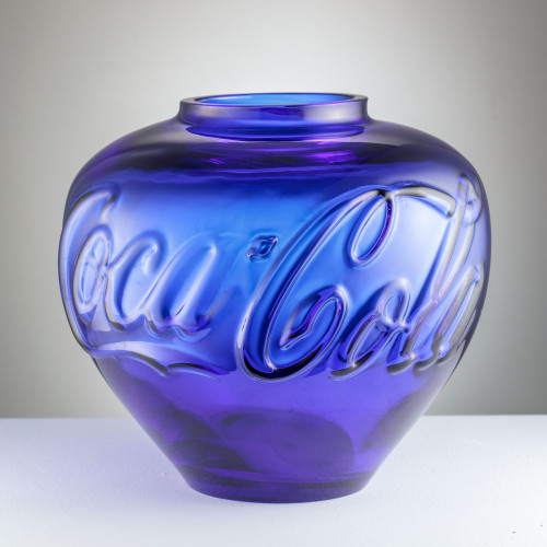 Ai Weiwei Vase (blue) Murano glass; cobalt blue vessel with embossed Coca-Cola logo, smooth glossy finish, rounded form. 