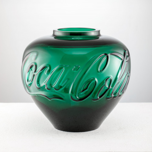 Ai Weiwei Vase (green) in Murano glass with embossed Coca-Cola logo and glossy, translucent emerald finish. 