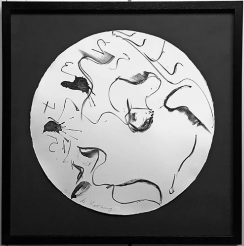 Willem de Kooning Untitled lithograph with black abstract gestures on circular white paper from Self Portrait in a Convex Mirror series 