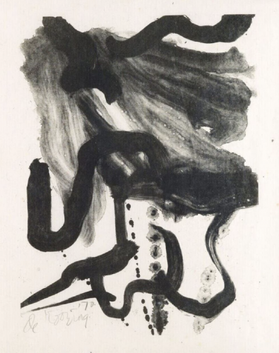 Willem de Kooning Woman with long hair and corset lithograph with abstract black brushstrokes suggesting a female form on Akawara paper    