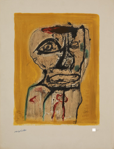Willem van Hecke lithograph showing abstract distorted face with bold black lines, red accents, teal marks, and ochre background