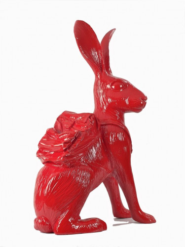 William Sweetlove's Cloned Hare with Backpack, 2009, red resin sculpture of a large hare wearing a backpack, standing 140 cm tall.