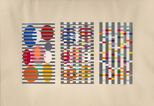 A triptych screenprint by Yaacov Agam showing three panels of colorful abstract shapes obscured by horizontal and vertical stripes, creating an optical illusion effect.