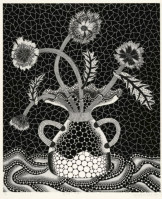 Yayoi Kusama Flowers FW 1993 silkscreen of dotted floral bouquet in vase with mosaic-like black and white patterned background