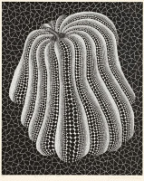 Yayoi Kusama Thinking Pumpkin 1993 screenprint of iconic dotted pumpkin in black and white with mosaic patterned background