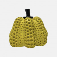 Yayoi Kusama Yellow Pumpkin resin sculpture with black dots on bright yellow surface, edition of 30, biomorphic form