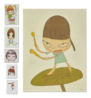Yoshitomo Nara Marching on a Butterbur Leaf first edition print with complete set of 5 stickers featuring childlike figure