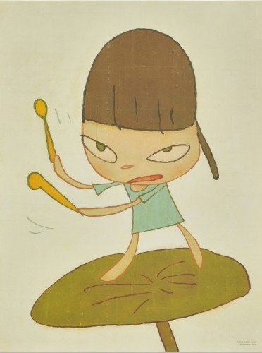 Yoshitomo Nara Marching on a Butterbur Leaf first edition print with complete set of 5 stickers featuring childlike figure