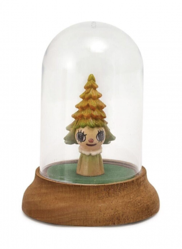 Yoshitomo Nara Mini Mori Girl sculpture of tree-headed girl with large eyes encased in clear dome on wood base