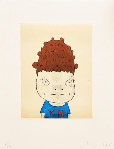 Yoshitomo Nara Y.N. Self-Portrait 2002 intaglio of a childlike figure with red curly hair and blue YN shirt on beige background.