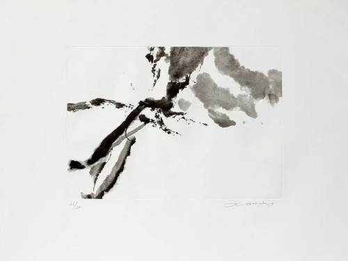 Zao Wou-Ki Le désordre etching and aquatint in black and white with abstract gestural forms and textured brushwork.