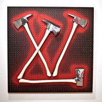 Zevs, LV - Axes, mixed media with metal axes forming Louis Vuitton logo on pegboard with red glow, symbolizing critique of luxury branding.