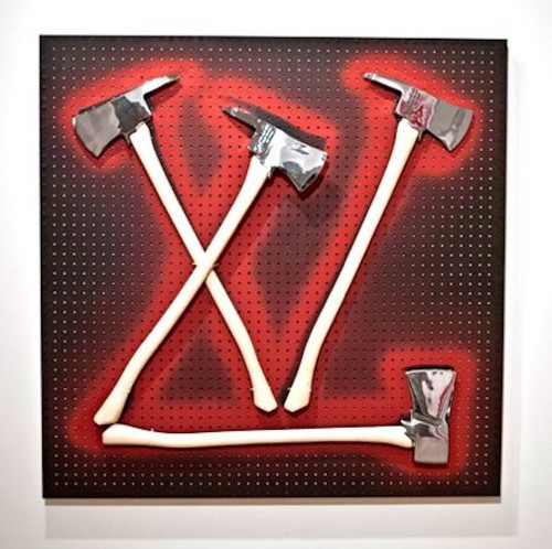 Zevs, LV - Axes, mixed media with metal axes forming Louis Vuitton logo on pegboard with red glow, symbolizing critique of luxury branding.