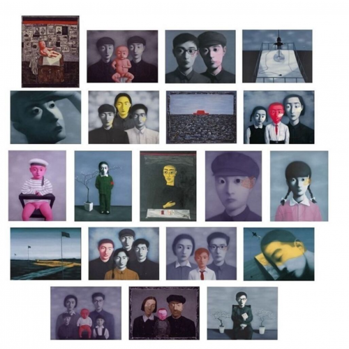 Zhang Xiaogang The Storyteller's Enchantments 2009 lithographs of stylized portraits in grayscale with red and yellow accents. Zhang Xiaogang The Storyteller's Enchantments 2009 lithographs of stylized portraits in grayscale with red and yellow accents.