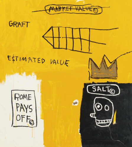 Jean-Michel Basquiat Rome Pays Off serigraph with yellow background, crown, text, and skeletal head on Lenox Museum Board