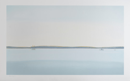 Alex Katz's Landscape, 2017 silkscreen, depicts a serene coastal scene with a vast pale sky, calm blue water, and distant land.