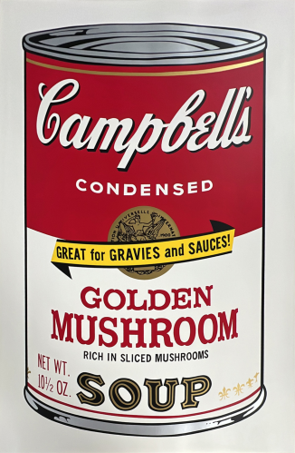 Andy Warhol Golden Mushroom screenprint featuring a Campbell’s soup can in pink and white with bold typography and a yellow banner.