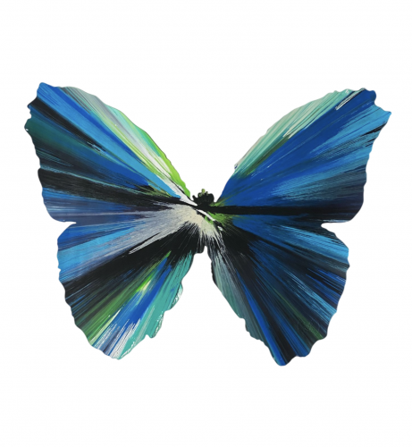 Damien Hirst Untitled (Spin Butterfly) acrylic on die-cut paper showing vivid blue and green radial butterfly wing pattern.