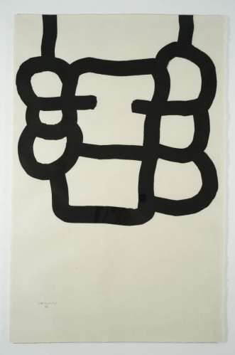 Eduardo Chillida Untitled Drawing 1985 ink on paper showing bold interlocking black abstract forms on cream background.