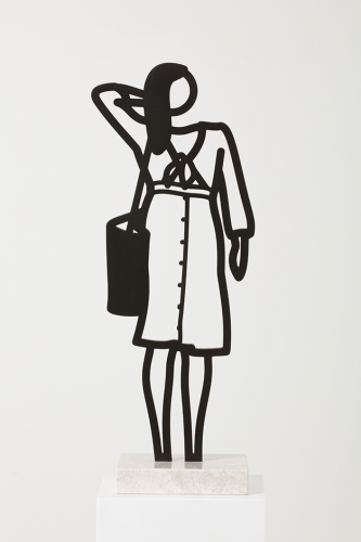 Julian Opie's Dress: Boston Statuette, bronze sculpture of a minimalist figure in dress with bag, arm raised, on light stone base.