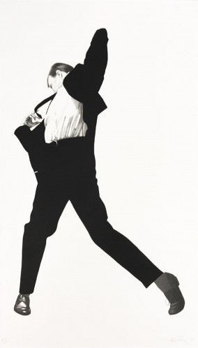 Robert Longo Eric lithograph of man in suit mid-motion with dramatic pose, in high-contrast black and white from Men in the Cities series