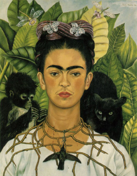 Frida Kahlo - Self-Portrait with Thorn Necklace and Hummingbird (1940). Via Wikimedia Commons.